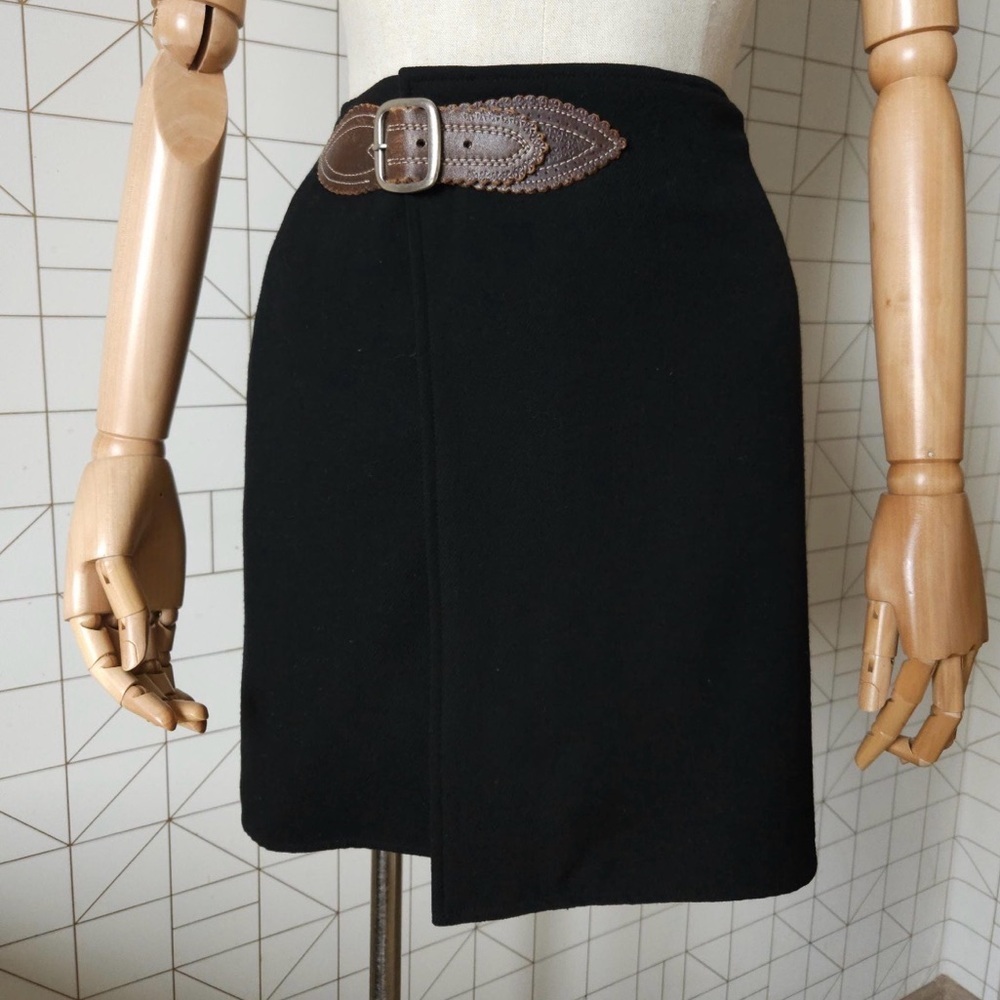 Ralph Lauren Wool Wrap Mini Skirt Brown Leather Buckle Belt Black 10 M Vintage